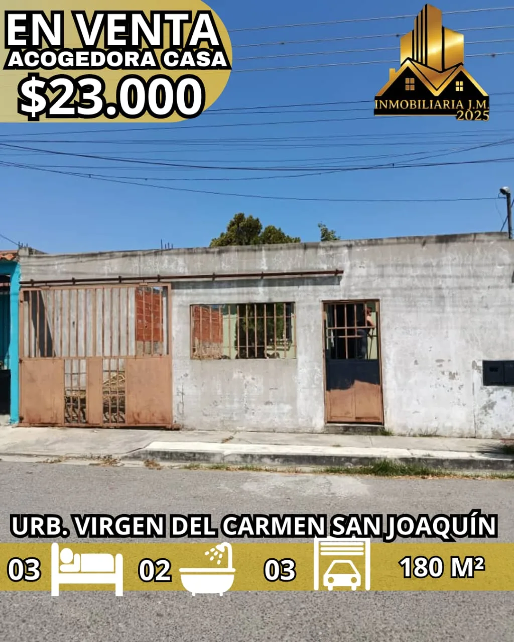 Casa en Venta en Ubr. Virgen del Carmen, Municipio San Joaquín — 3 hab 180m² — USD 23,000