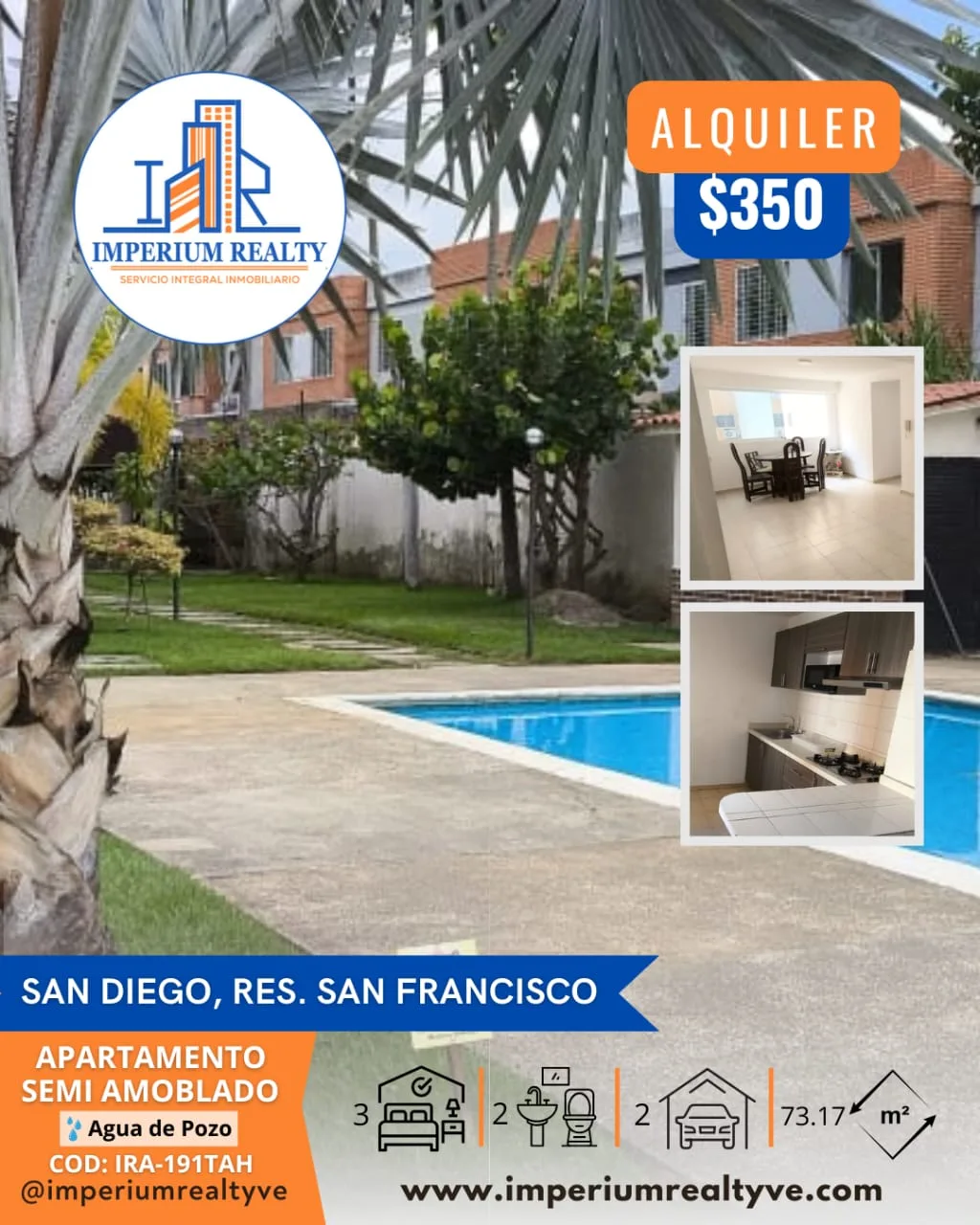 Apartamento en Alquiler en Res. San Francisco San Diego — 3 hab 73m² — USD 350