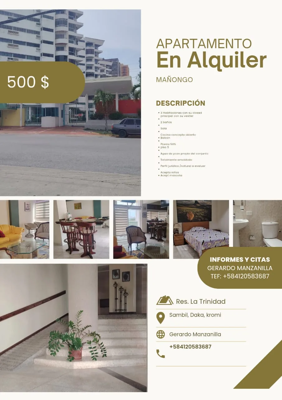Apartamento en Alquiler en Res. La Trinidad Mañongo — 3 hab 116m² — USD 500