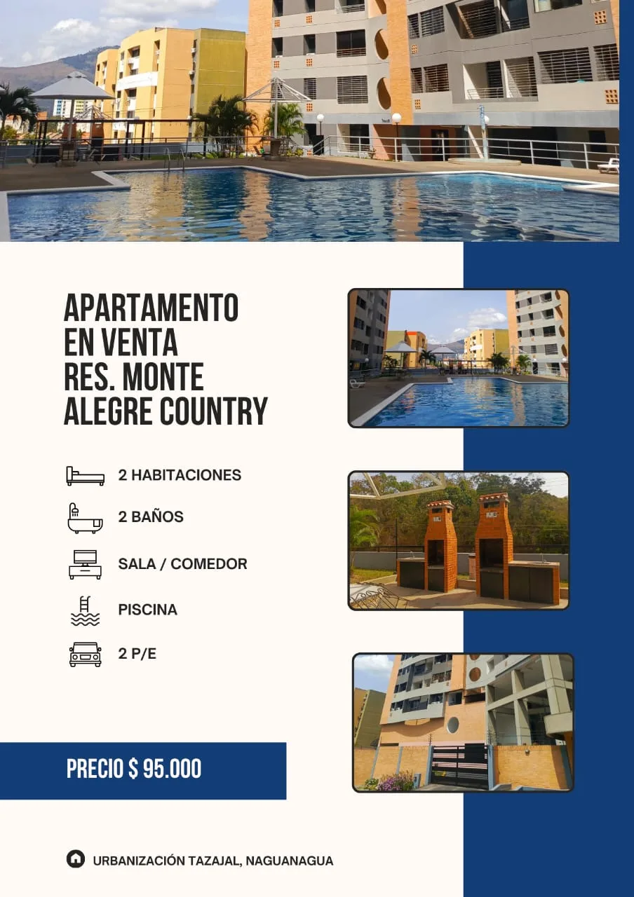 Apartamento en Venta en Res. Monte Alegre Country, Urb. Tazajal — 2 hab 75m² — USD 95,000