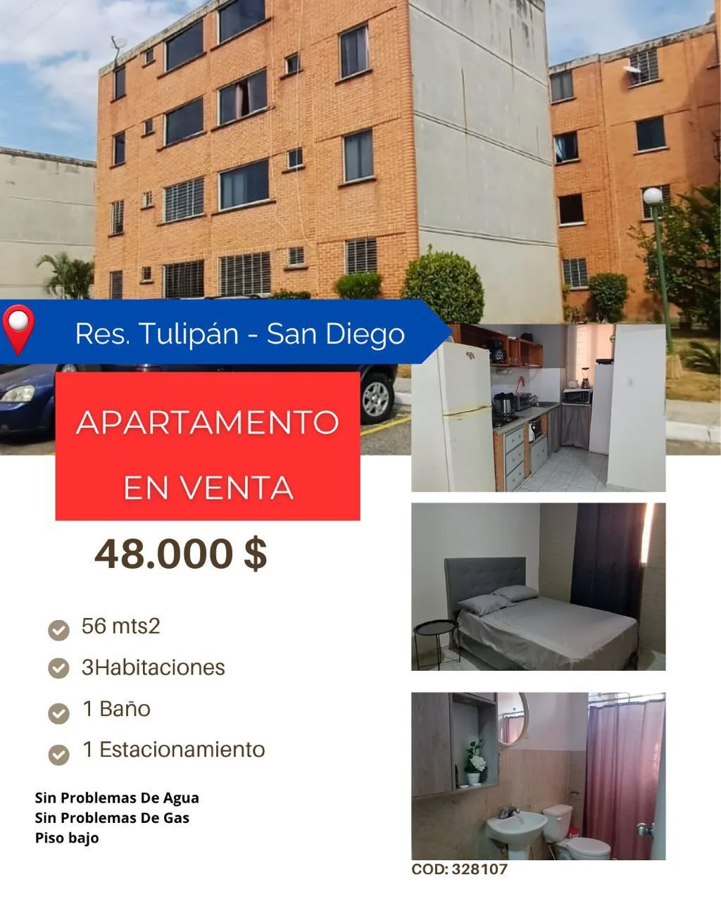 Apartamento en Venta en Res. Tulipan San Diego — 3 hab 56m² — USD 48,000