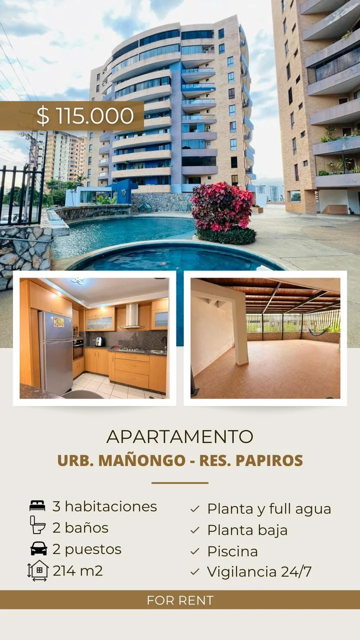 Apartamento en Alquiler en Res. Papiros, Urb. Mañongo — 3 hab 214m² — USD 115,000