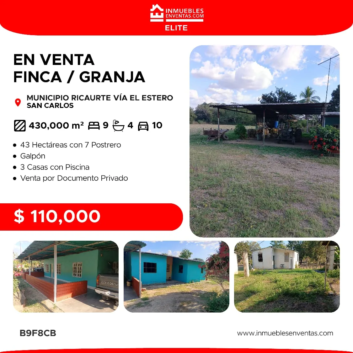 Terreno en Venta en Municipio Ricaurte via el estero — 9 hab 430000m² — USD 110,000