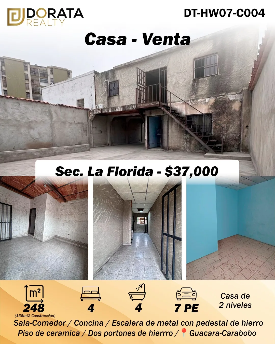 Casa en Venta en Sector La Florida, Guacara, Edo. Carabobo — 4 hab 248m² — USD 37,000