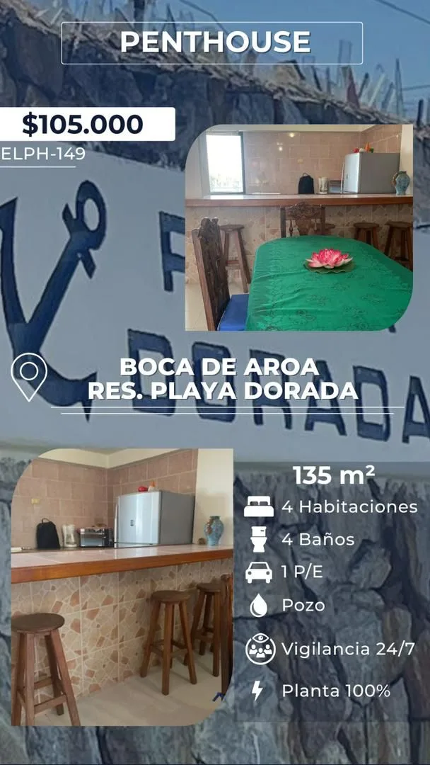 Penthouse en Venta en Boca de Aroa, Estado Falcon — 4 hab 135m² — USD 105,000