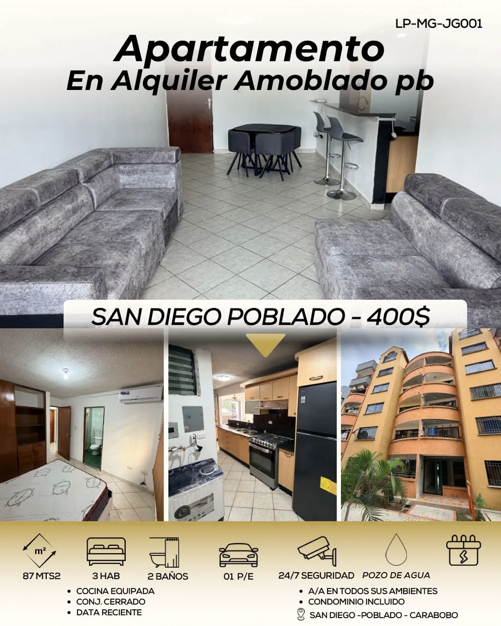 Apartamento en Alquiler en Poblado de San Diego, San Diego — 3 hab 87m² — USD 400