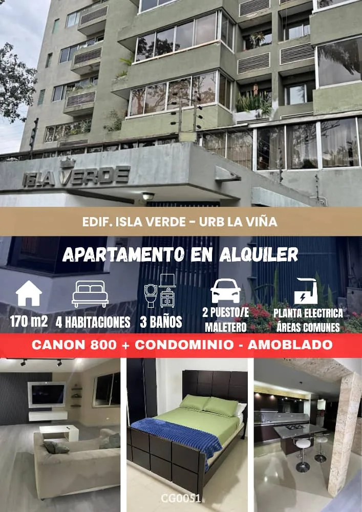 Apartamento en Alquiler en Urb. La Viña, Edificio Isla Verde — 4 hab 170m² — USD 800