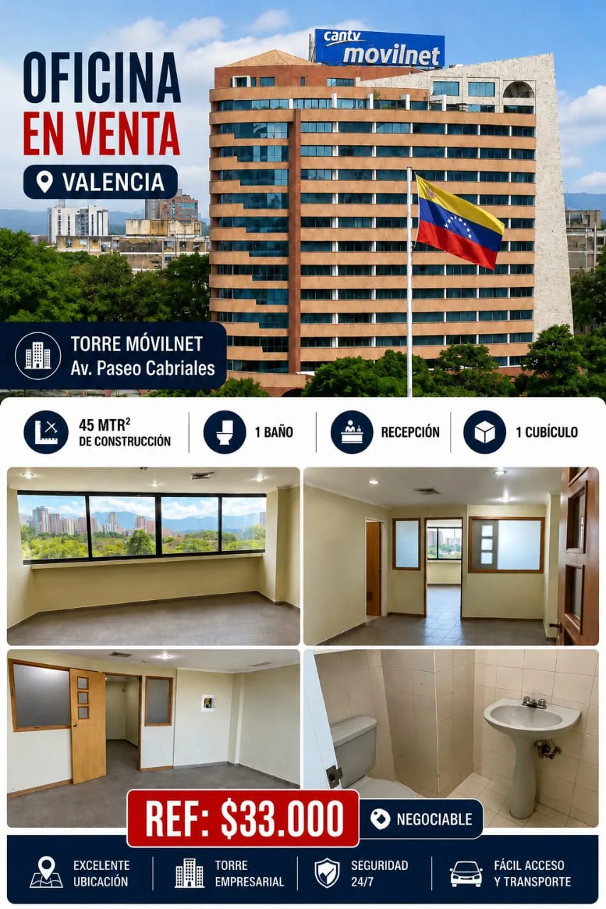 Oficina en Venta en Torre Movilnet, Av. Paseo Cabriales, Valencia — 1 hab 45m² — USD 33,000