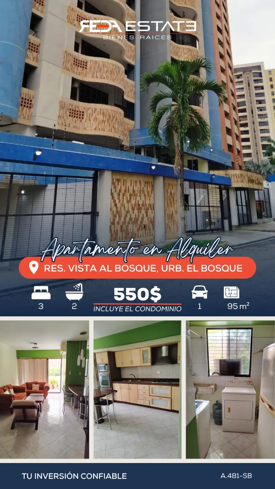 Apartamento en Alquiler en Urb. El Bosque — 3 hab 95m² — USD 550