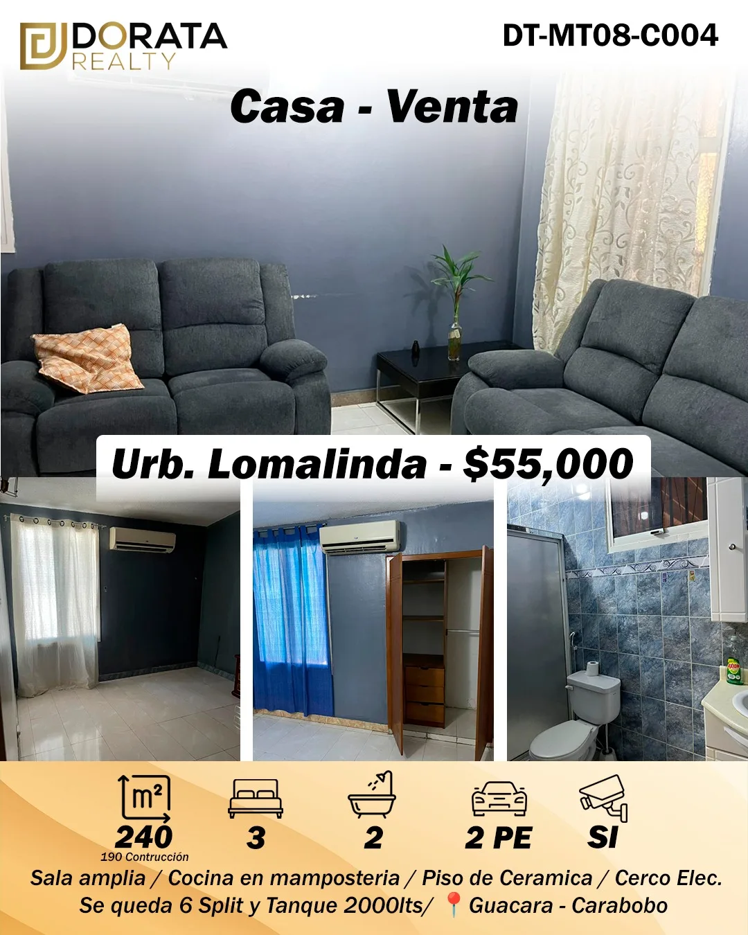 Casa en Venta en Urbanización loma linda de la calle principal, Guacara — 4 hab 190m² — USD 55,000
