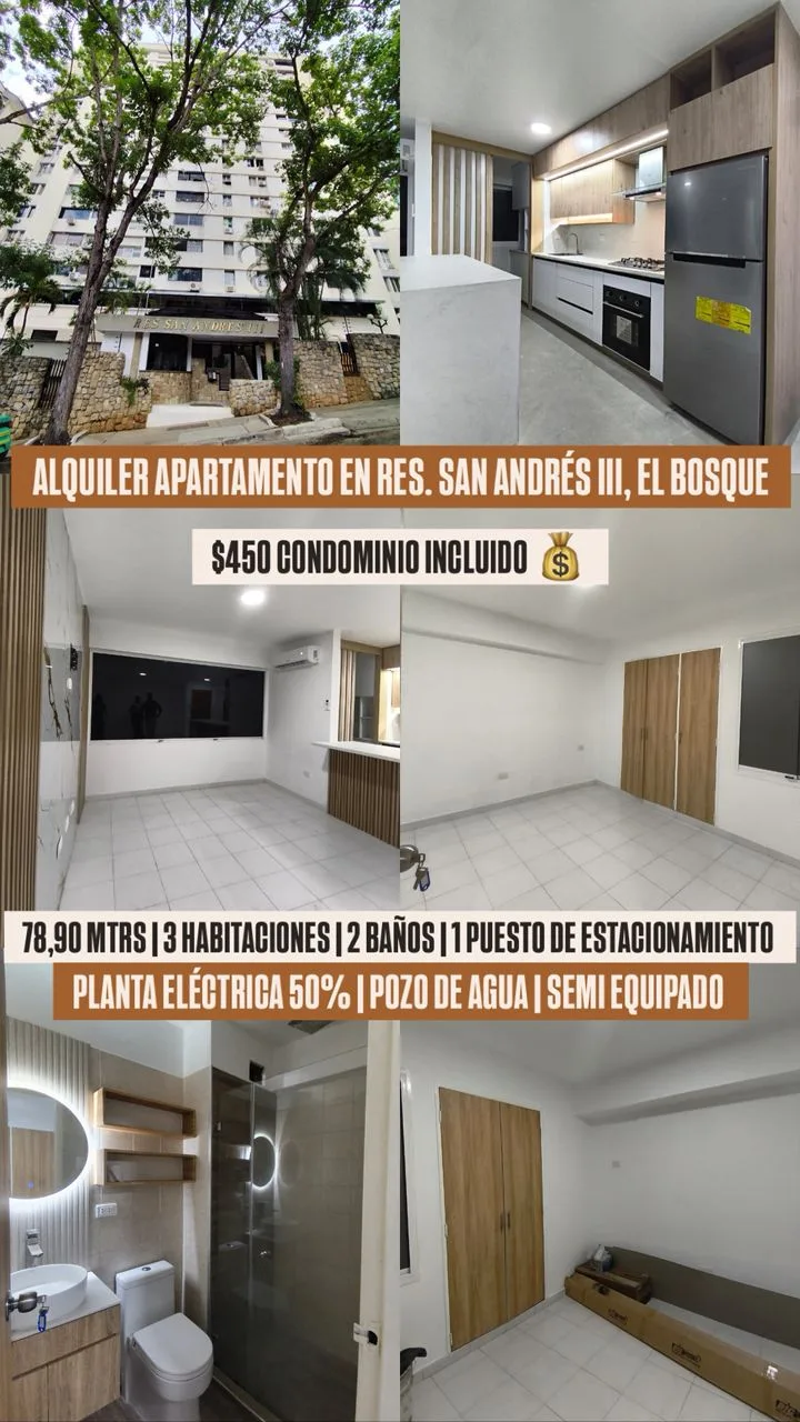 Apartamento en Alquiler en Res. San Andrés III, El Bosque — 3 hab 87m² — USD 450