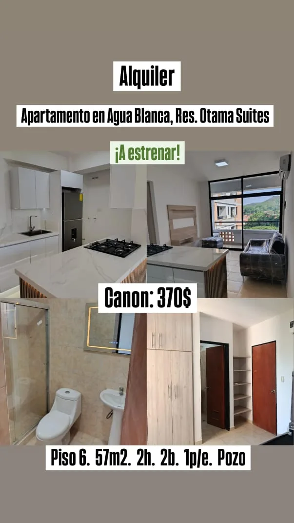 Apartamento en Alquiler en Agua Blanca, Res. Otama Suites — 2 hab 57m² — USD 370