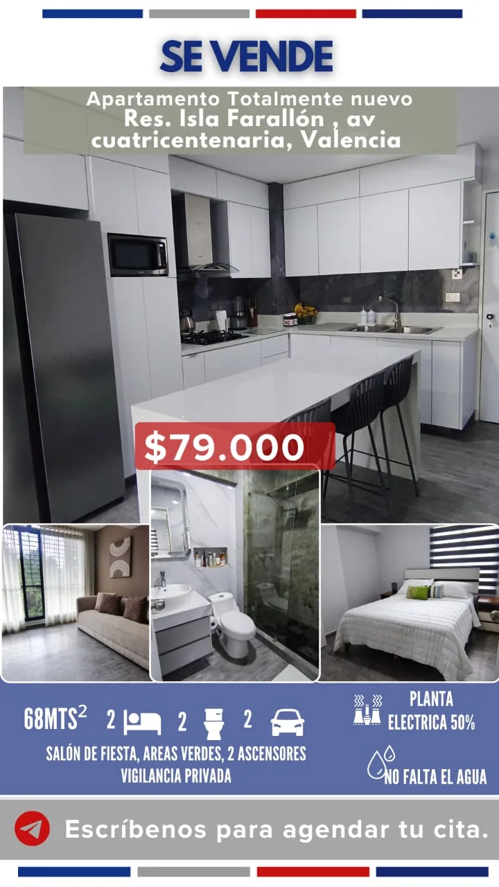 Apartamento en Venta en Res Isla Farallón, Av. Cuatricentenaria — 2 hab 68m² — USD 79,000
