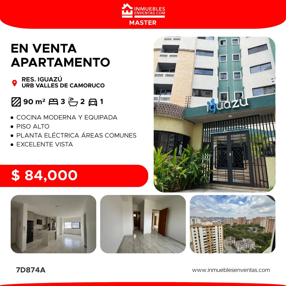 Apartamento en Venta en Res. Iguazu, Urb. Valles de Camoruco, Valencia — 3 hab 90m² — USD 84,000