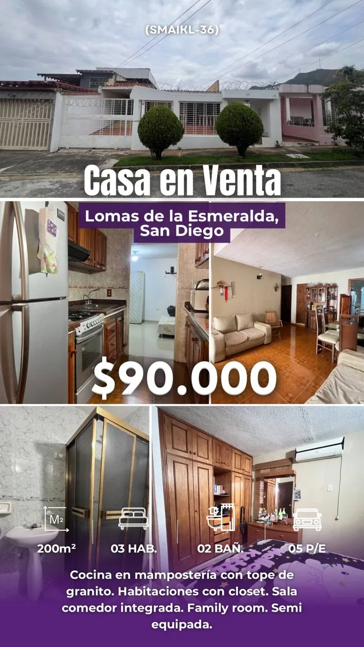 Casa en Venta en Las Lomas de La Esmeralda, San Diego — 3 hab 200m² — USD 90,000