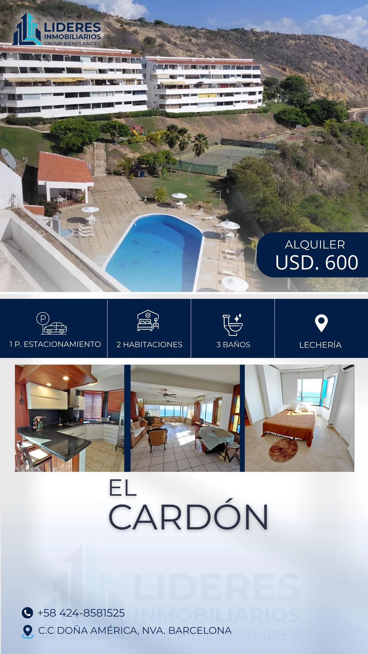 Apartamento en Alquiler en El Cardón, Cerro el Morro — 2 hab 125m² — USD 600
