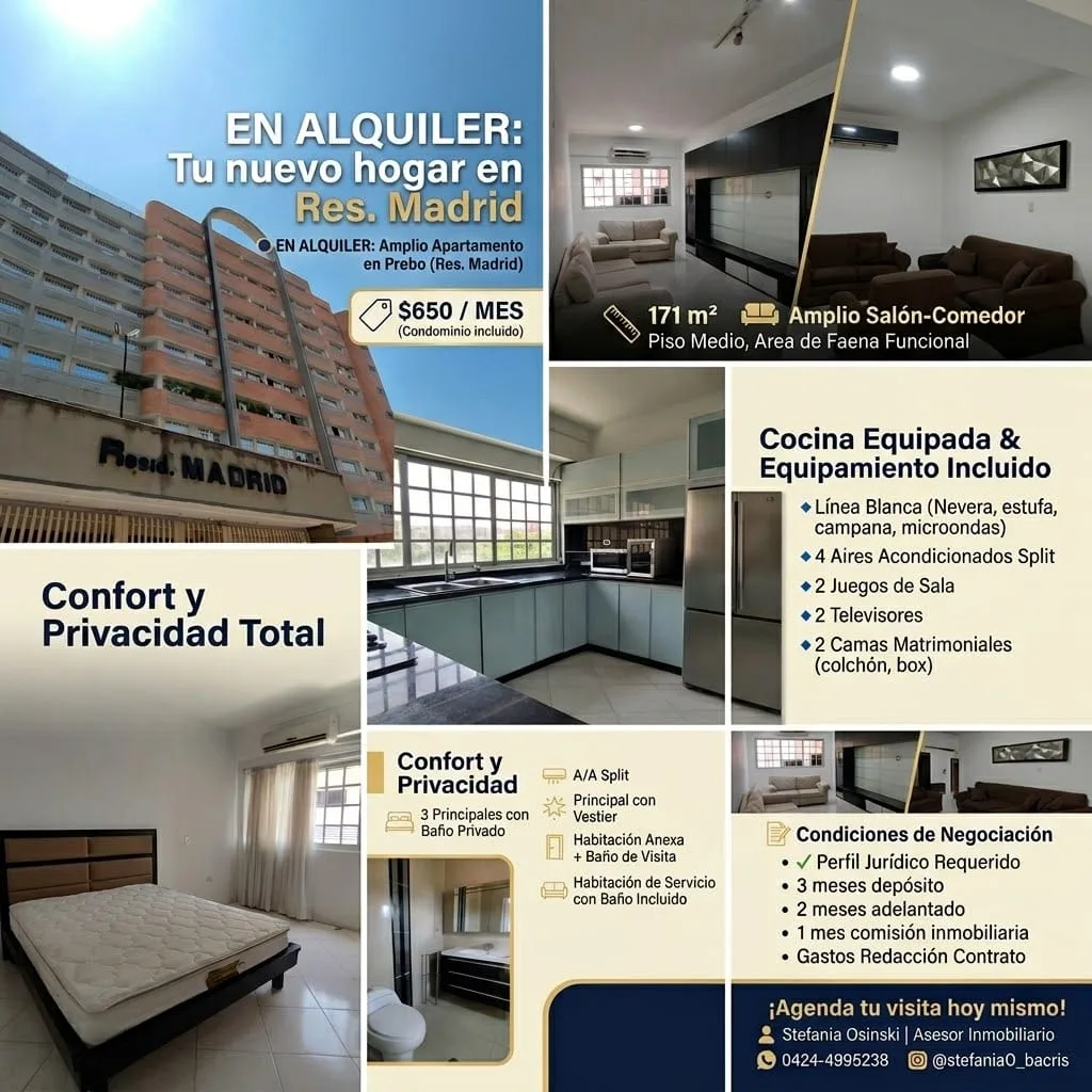 Apartamento en Alquiler en Prebo (Res. Madrid) — 5 hab 171m² — USD 650