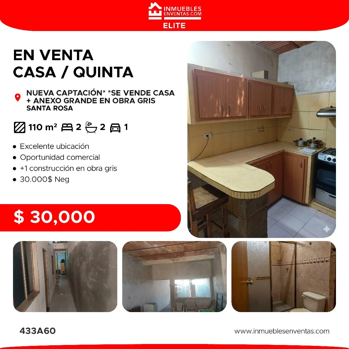 Casa en Venta en Santa Rosa — 2 hab 118m² — USD 30,000
