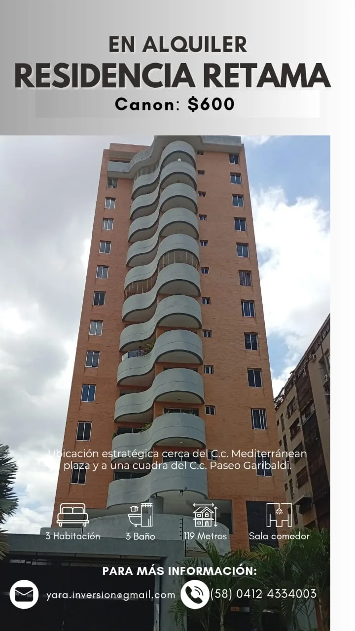 Apartamento en Alquiler en RESIDENCIA RETAMA, Urb. Sabana Larga, Parroquia San José. Prebo. — 4 hab 119m² — USD 600