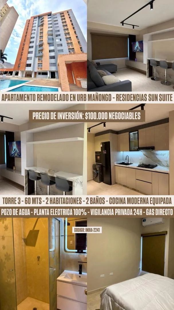 Apartamento en Venta en Urbanizacion Mañongo “Residencias Sun Suite” Naguanagua, Estado Carabobo — 2 hab 60m² — USD 100,000