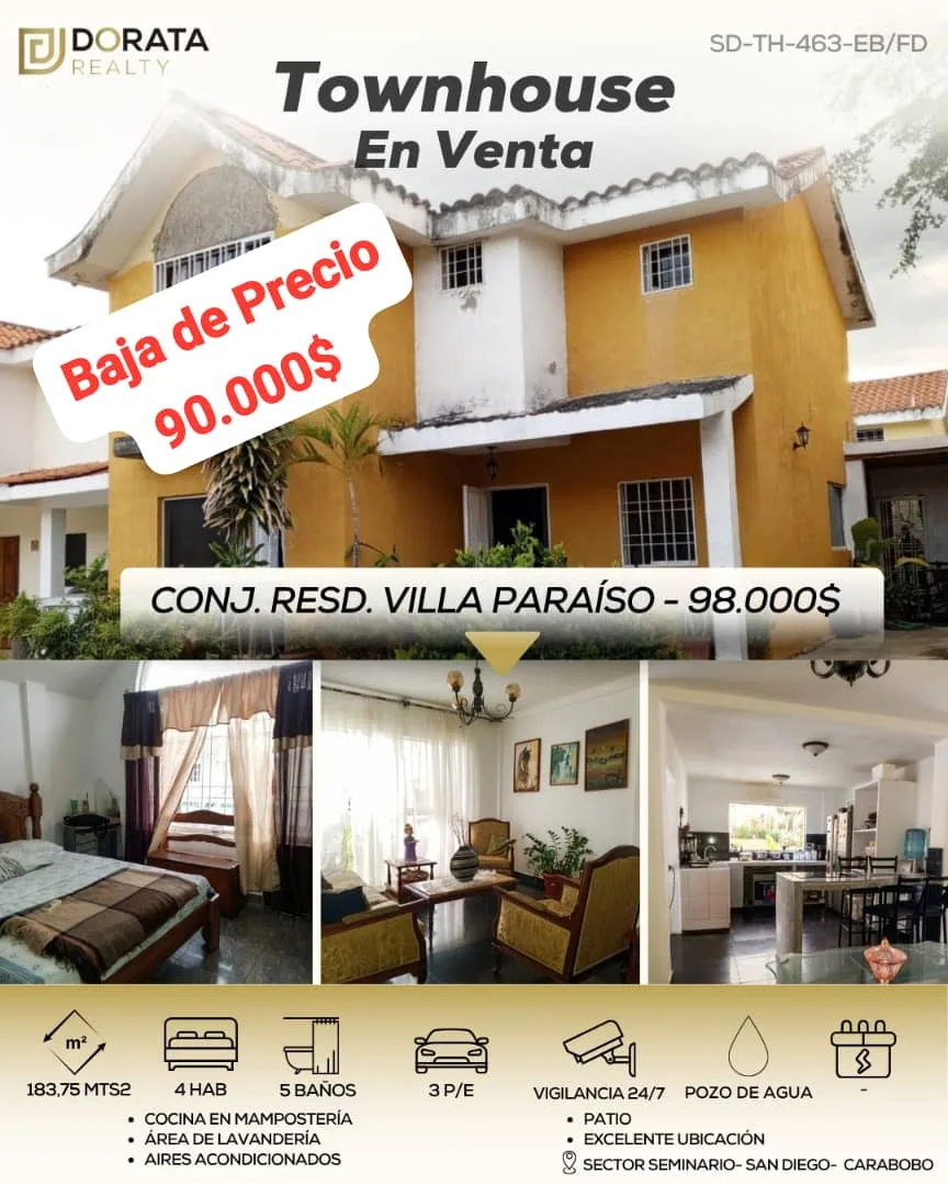 Townhouse en Venta en Conj. Res. Villa Paraíso, Sector Seminario, San Diego — 4 hab 114m² — USD 90,000