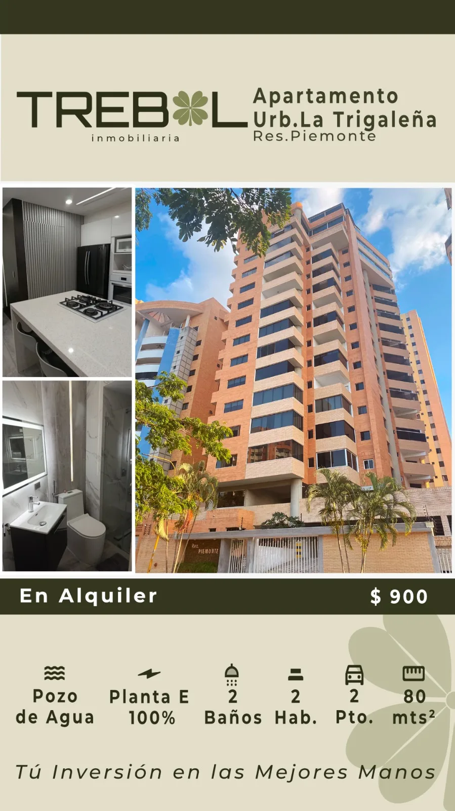 Apartamento en Alquiler en Urb. La Trigaleña, Res. Piemonte — 2 hab 80m² — USD 900