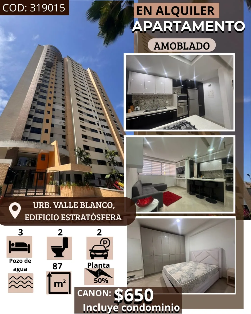Apartamento en Alquiler en URB. VALLE BLANCO, EDIFICIO ESTRATÓSFERA — 3 hab 87m² — USD 650