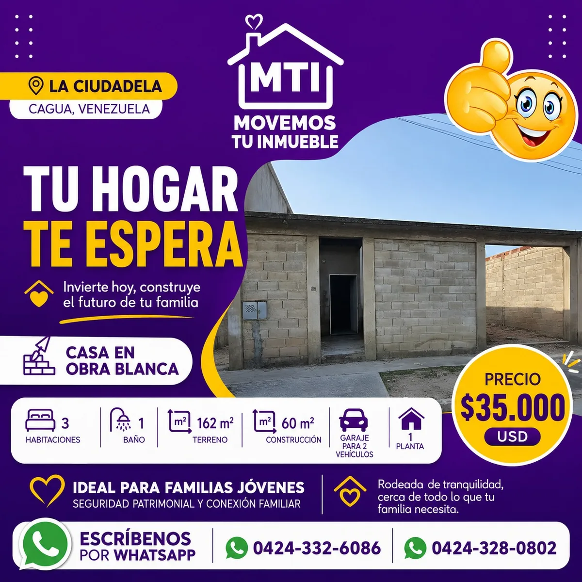 Casa en Venta en La Ciudadela, Cagua — 3 hab 60m² — USD 35,000