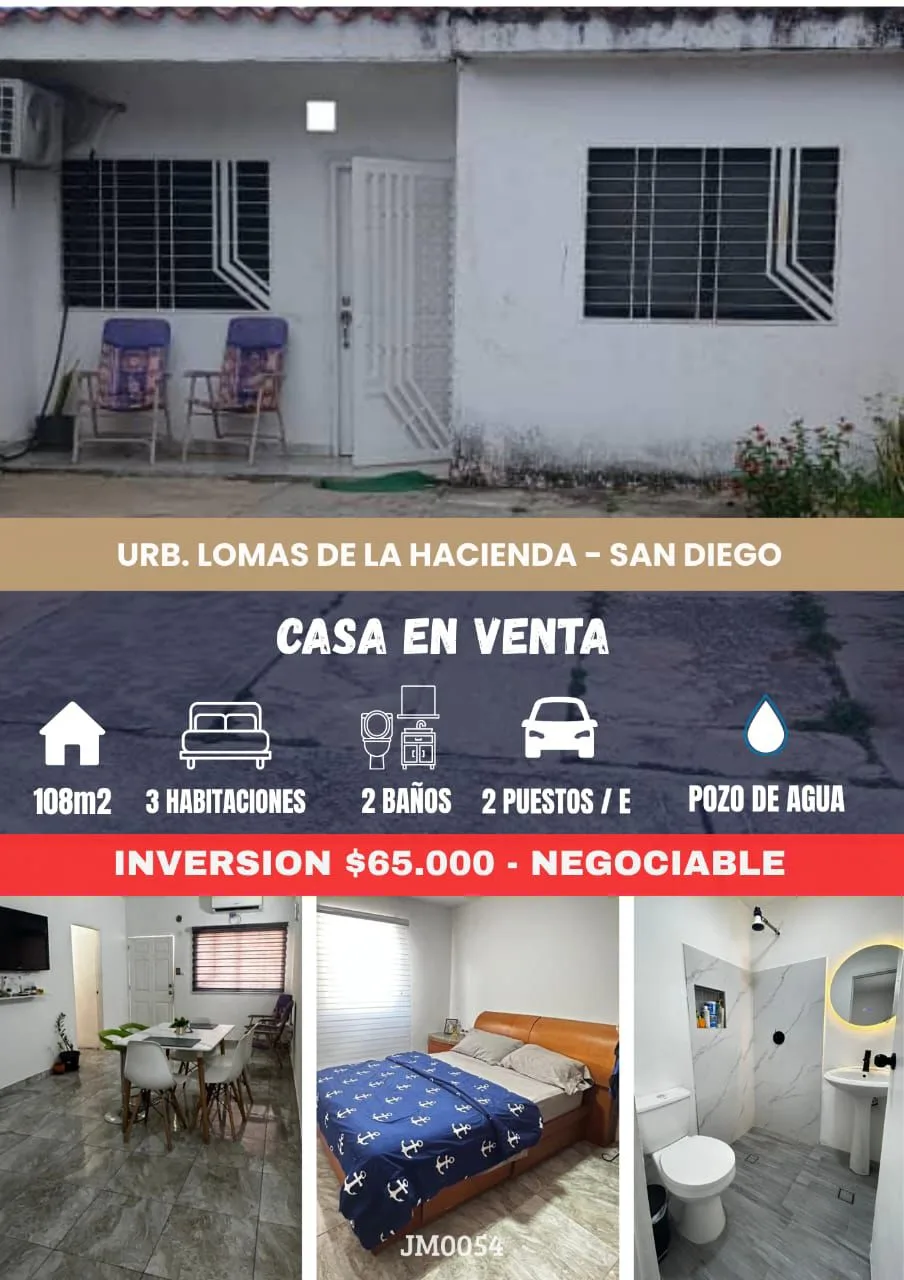 Casa en Venta en San Diego — 3 hab 108m² — USD 65,000