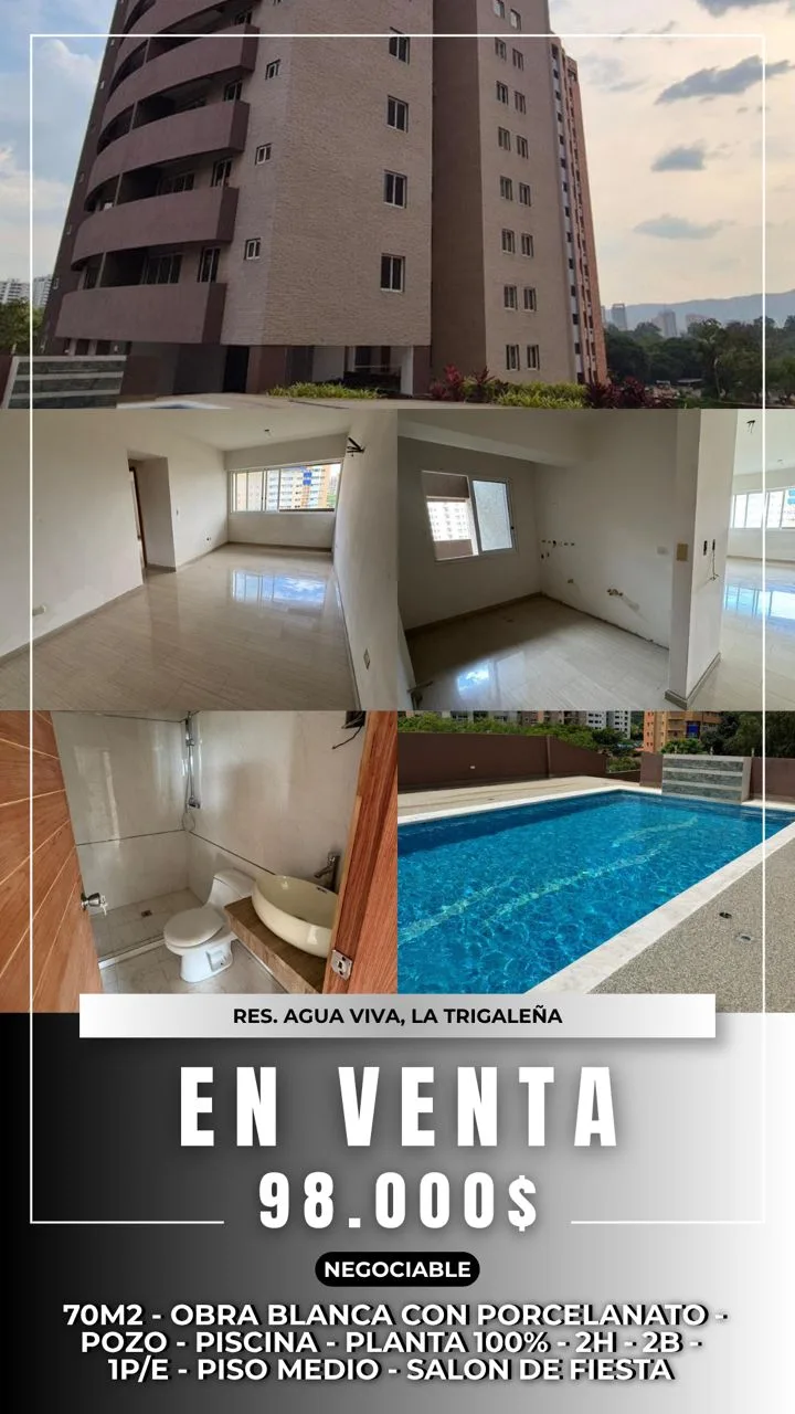 Apartamento en Venta en Res. Agua Viva, La Trigaleña — 2 hab 70m² — USD 98,000