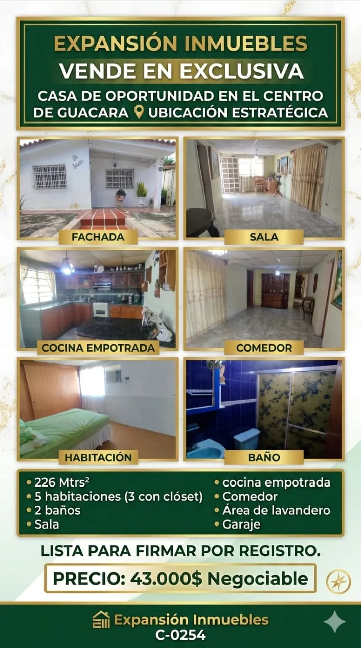Casa en Venta en centro de Guacara — 5 hab 226m² — USD 43,000