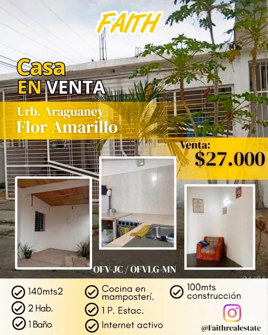 Casa en Venta en Urb Araguán, Flor Amarillo, Edo Carabobo — 2 hab 140m² — USD 27,000