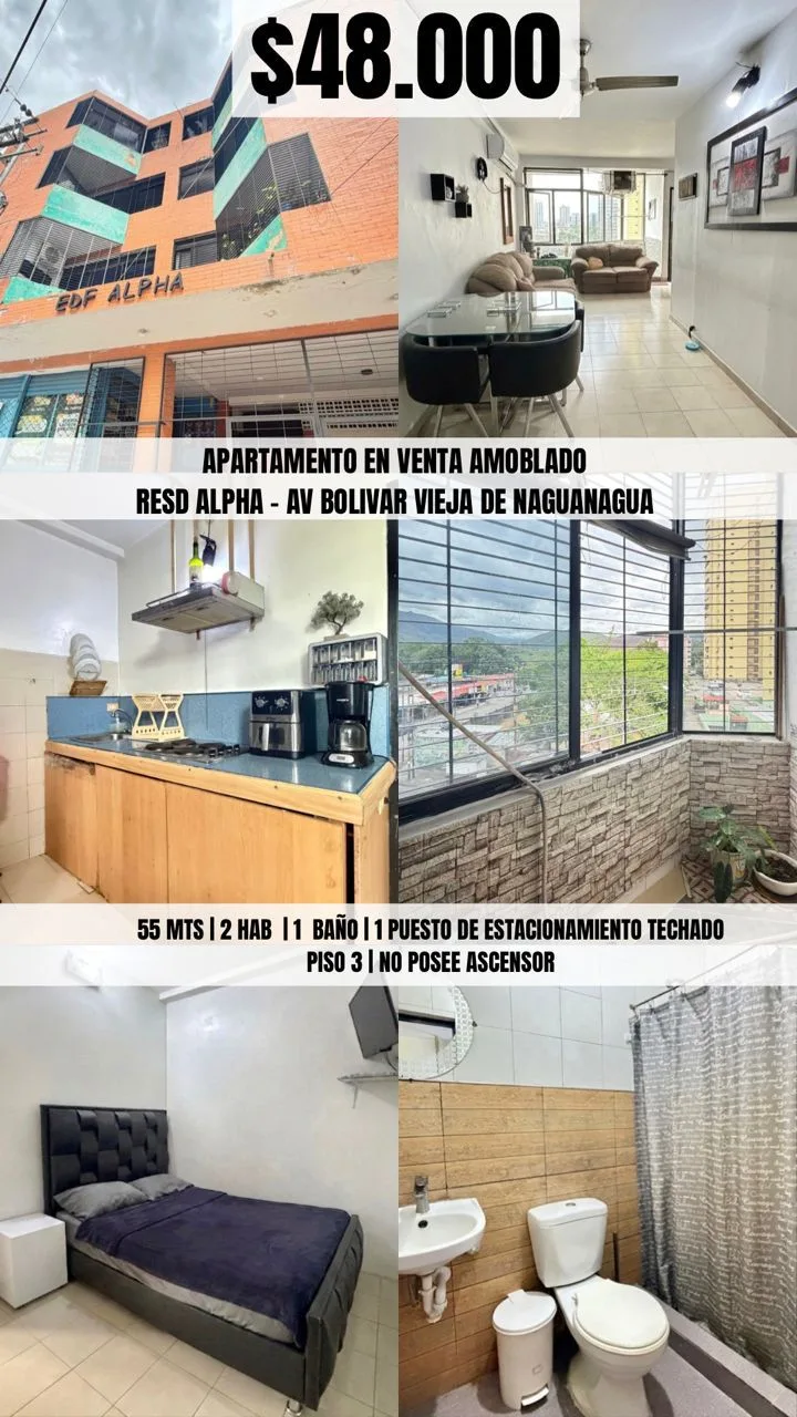 Apartamento en Venta en Res. Alpha, Av Bolivar vieja de Naguanagua — 2 hab 55m² — USD 48,000