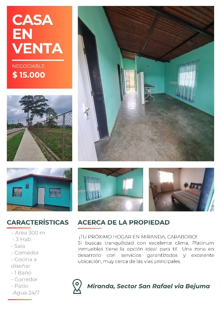 Casa en Venta en Miranda, Sector San Rafael via Bejuma — 3 hab 300m² — USD 15,000