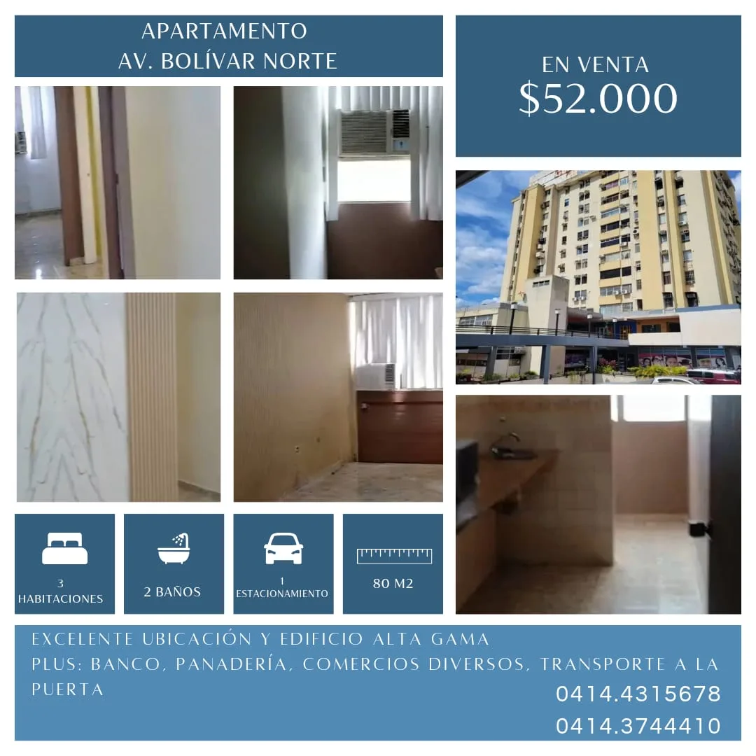 Apartamento en Venta en Av Bolívar Norte Valencia — 3 hab 80m² — USD 52,000
