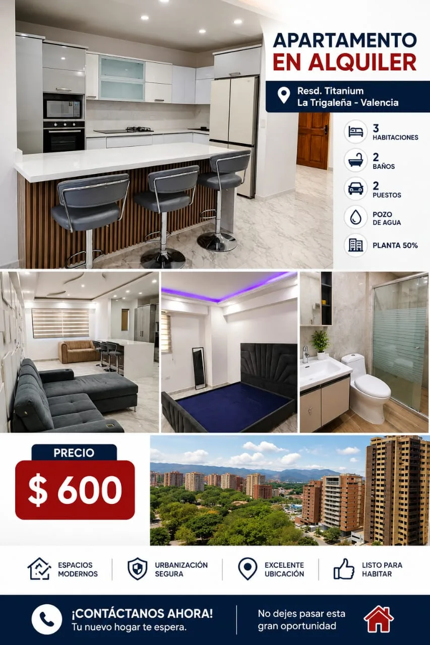 Apartamento en Alquiler en Urbanización La Trigaleña, Residencias Titanium — 3 hab 104m² — USD 600