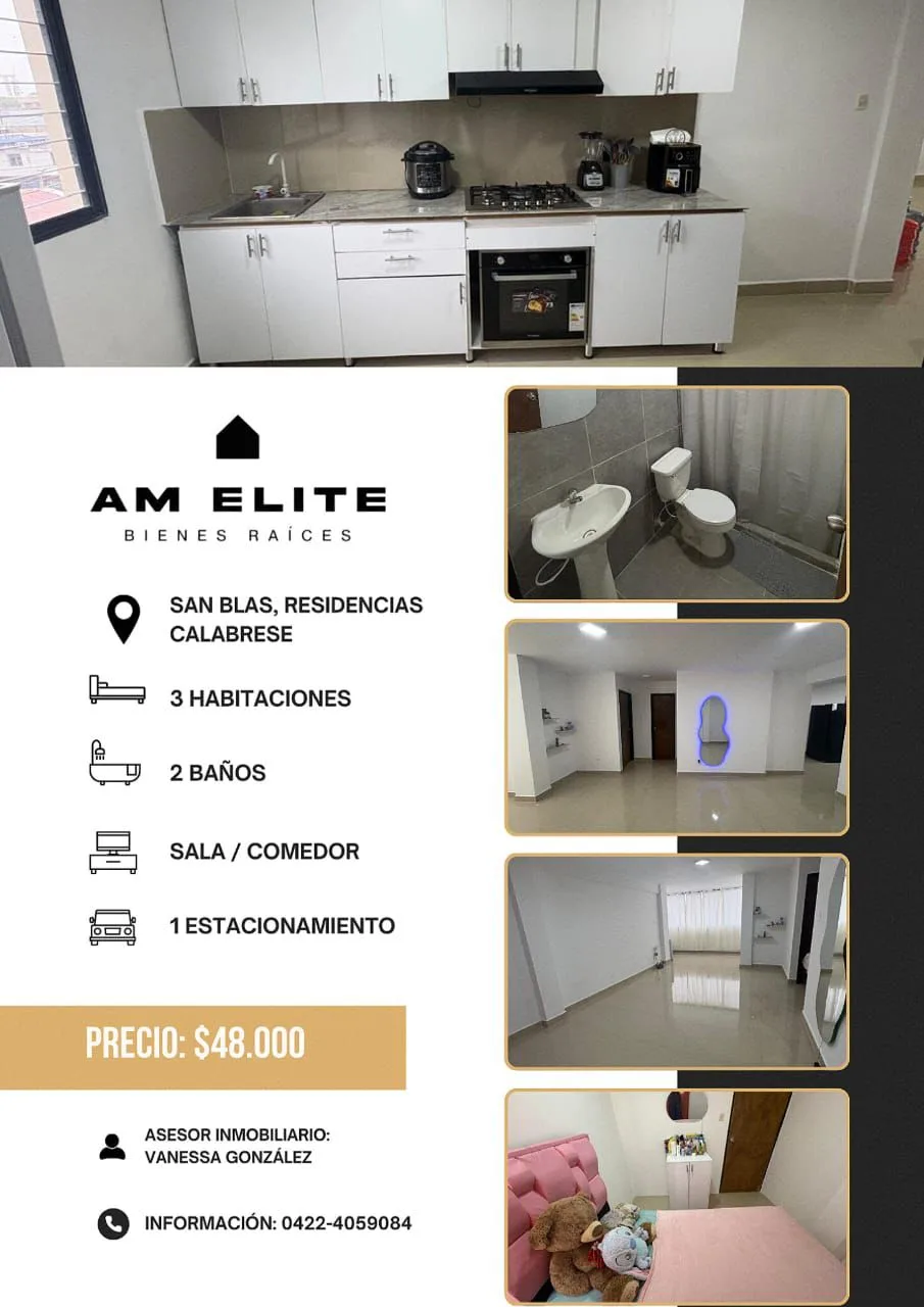Apartamento en Venta en SAN BLAS, Res. CALABRESE — 3 hab 86m² — USD 48,000