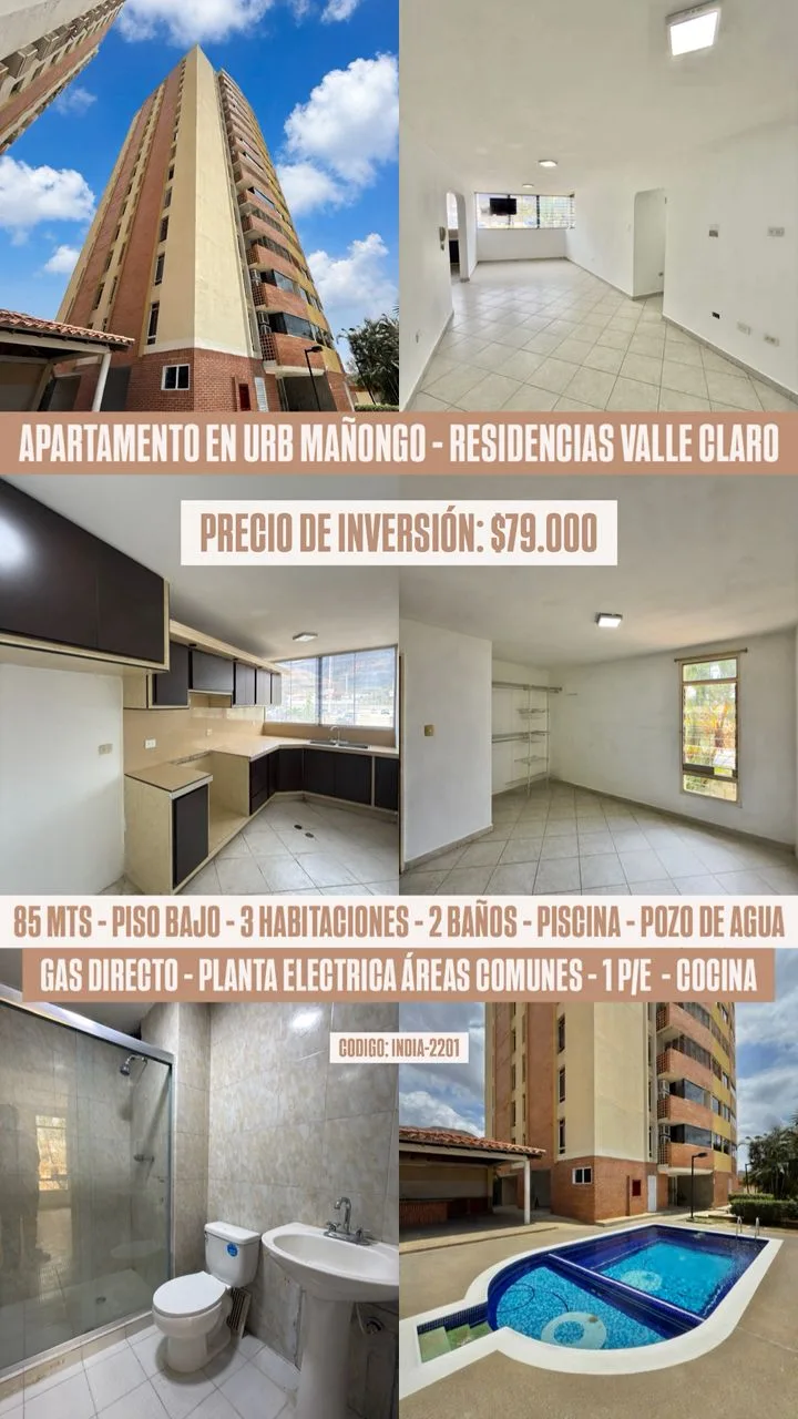 Apartamento en Venta en Urbanizacion Mañongo, Residencias Valle Claro — 3 hab 85m² — USD 79,000