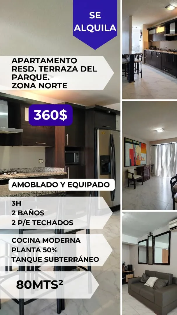 Apartamento en Alquiler en TERRAZA DEL PARQUE — 3 hab 80m² — USD 360