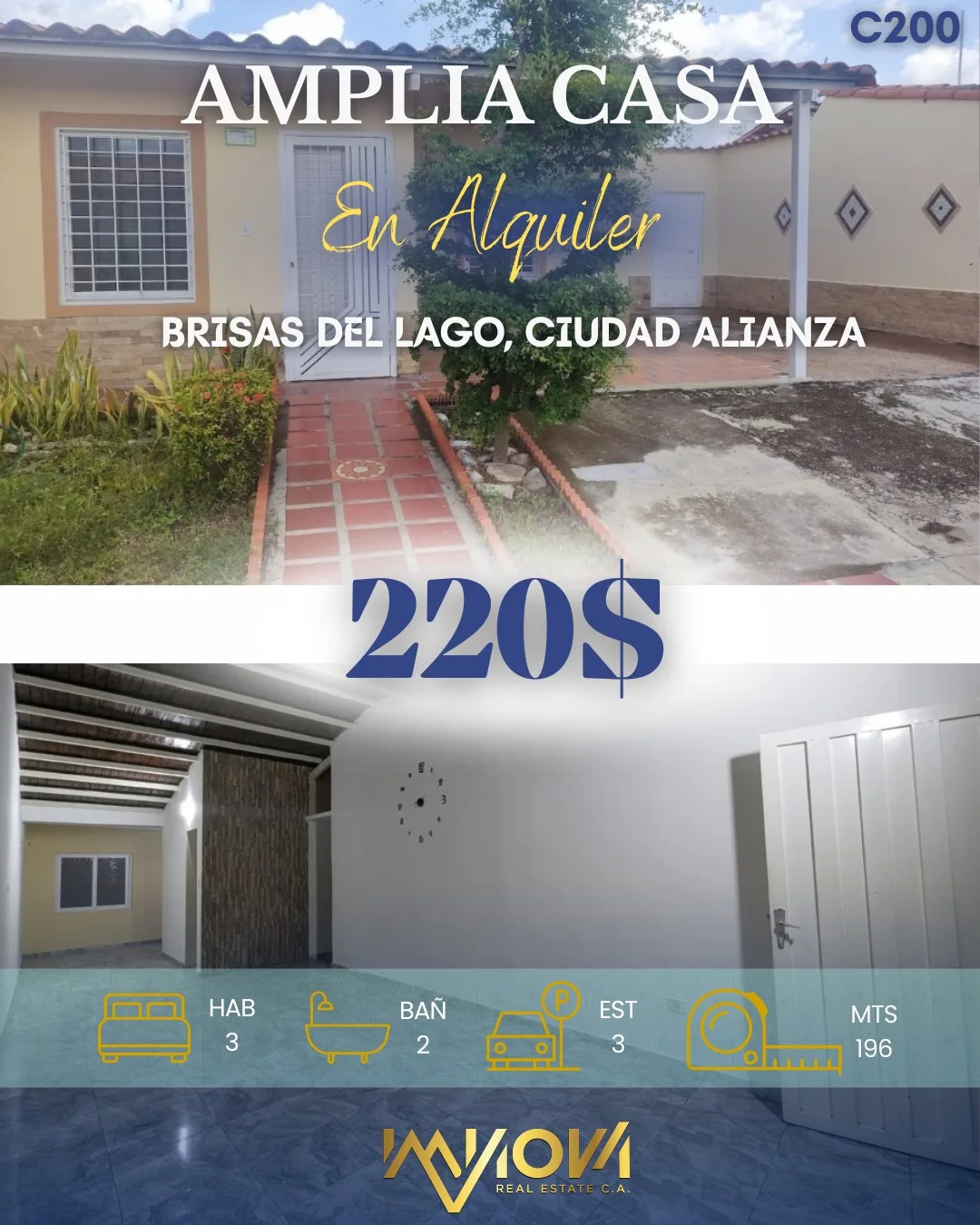 Casa en Alquiler en Brisas del Lago, Ciudad Alianza, Guacara, Edo. Carabobo — 3 hab 196m² — USD 220