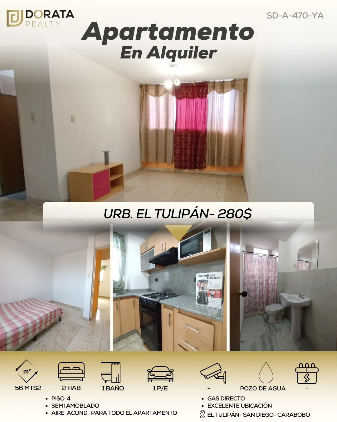 Apartamento en Alquiler en Residencias El Tulipán, San Diego, Carabobo — 2 hab 56m² — USD 280