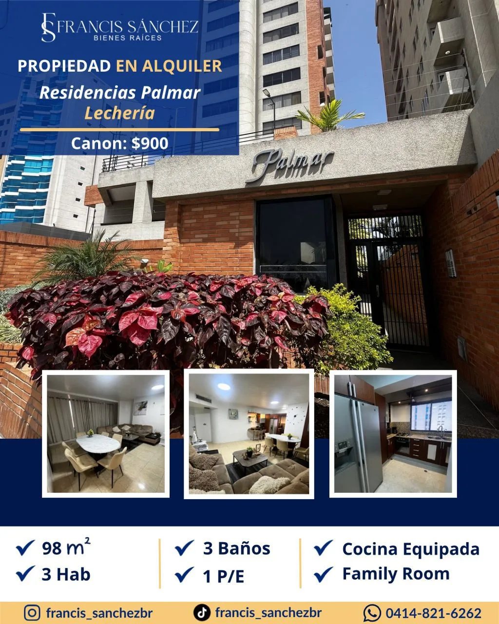 Apartamento en Alquiler en Residencias Palmar, sector Playa Mansa Lechería — 3 hab 98m² — USD 900