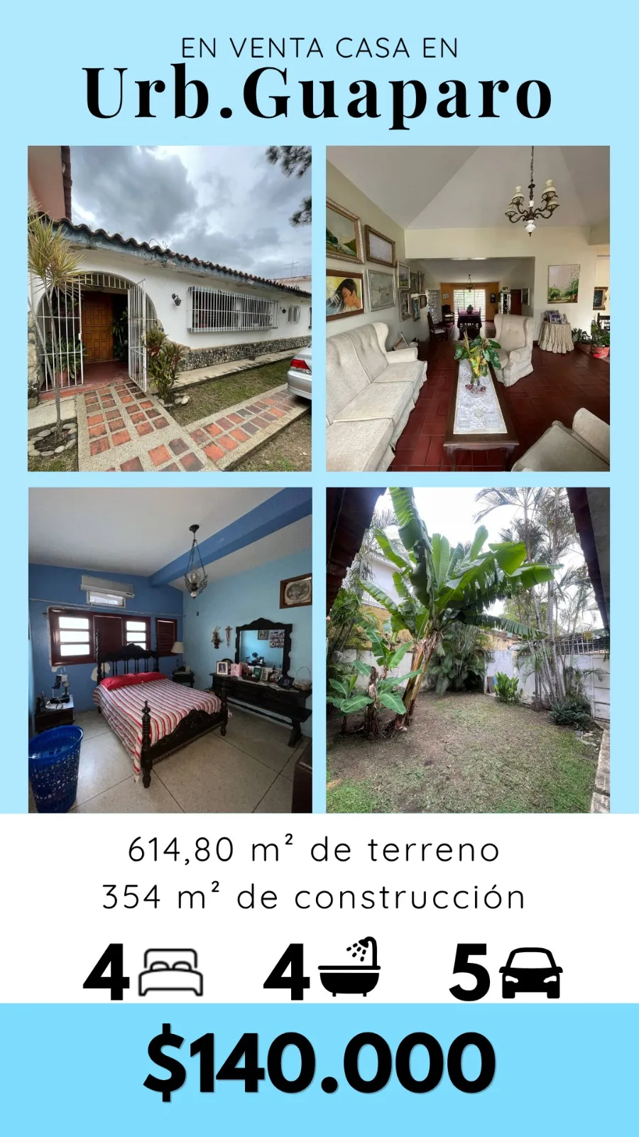 Casa en Venta en Urbanización Guaparo Valencia — 4 hab 354m² — USD 140,000