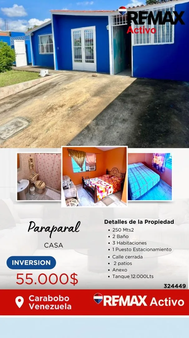 Casa en Venta en Calle Cerrada de Paraparal, Parapara, Carabobo — 3 hab 250m² — USD 55,000