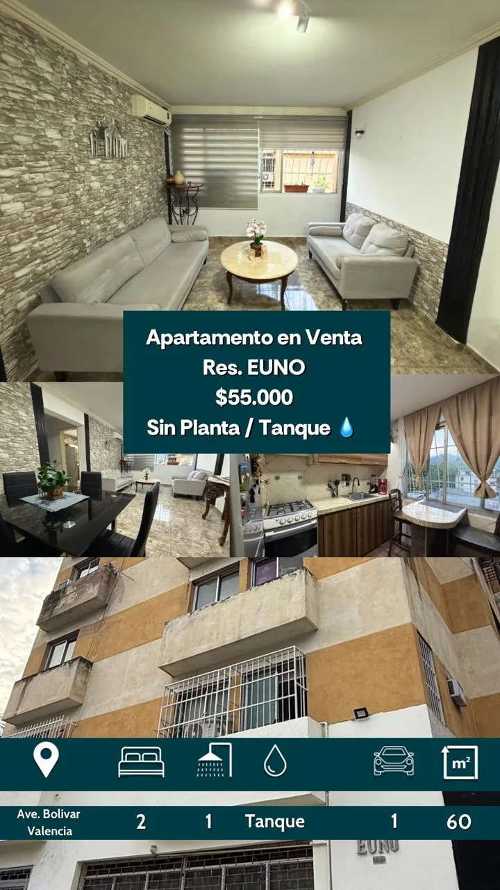 Apartamento en Venta en Res. Euno, Ave. Bolivar - Calle 132 (al lado del Rest. La Grillade) - Valencia - Carabobo — 2 hab 60m² — USD 55,000