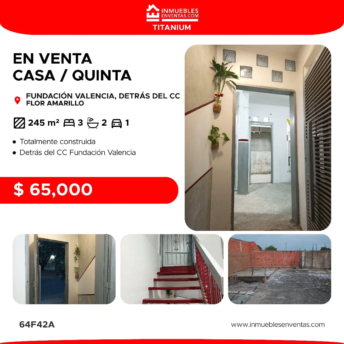 Casa en Venta en URB. FUNDACION VALENCIA II, FLOR AMARILLO, VALENCIA — 3 hab 245m² — USD 65,000