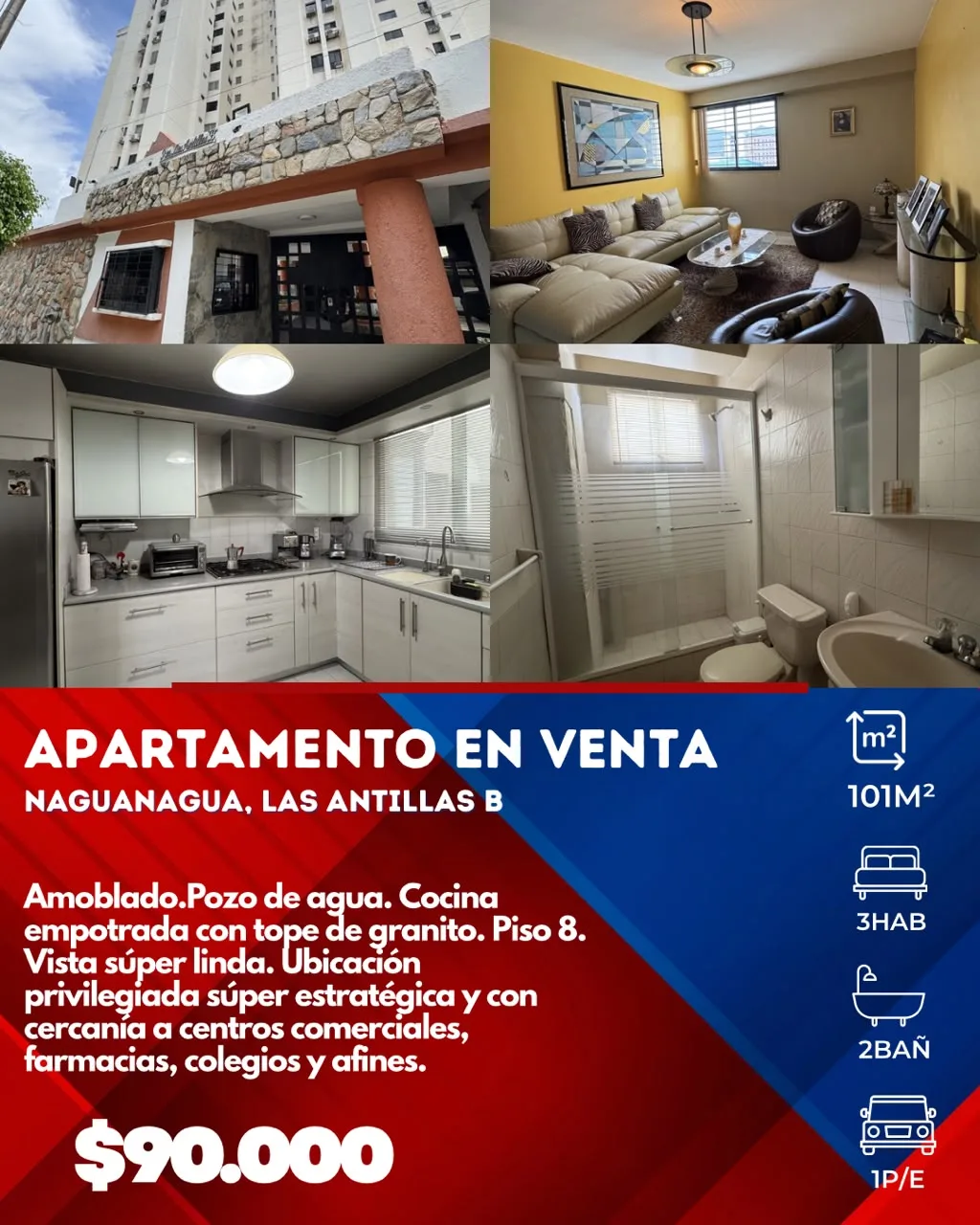 Apartamento en Venta en Las Antillas B, La Granja — 3 hab 101m² — USD 90,000