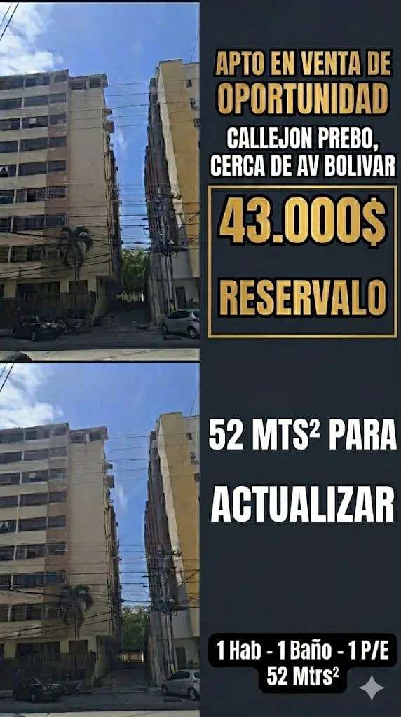 Apartamento en Venta en CALLEJON PREBO — 1 hab 52m² — USD 43,000