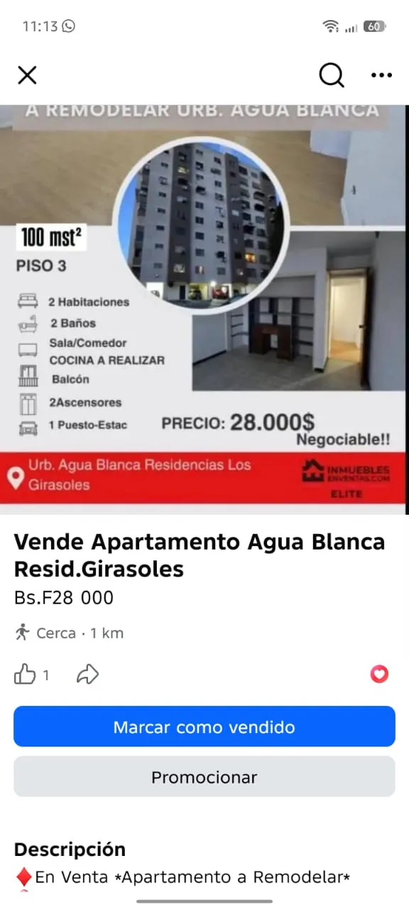 Apartamento en Venta en Urb. Agua Blanca Residencias Los Girasoles — 2 hab 100m² — USD 28,000