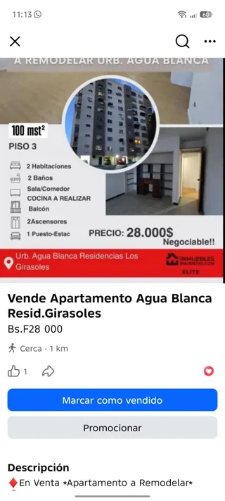 Apartamento en Urb. Agua Blanca Residencias Los Girasoles